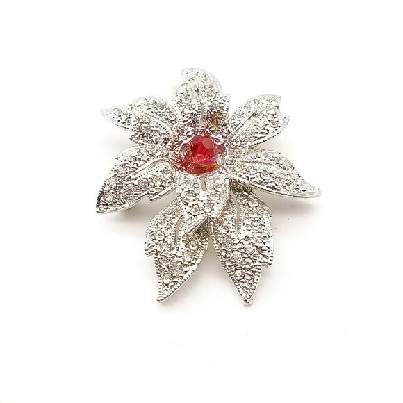 Vintage Silver Tone Pave Flower Brooch with Red Bead Center, Elegant Winter - Picture 2 of 3